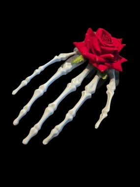 Skeleton Hand Hair Clip with Red Rose